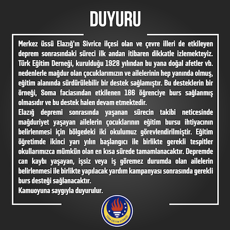 Türk Eğitim Derneği’nden Elazığ depremiyle ilgili duyuru